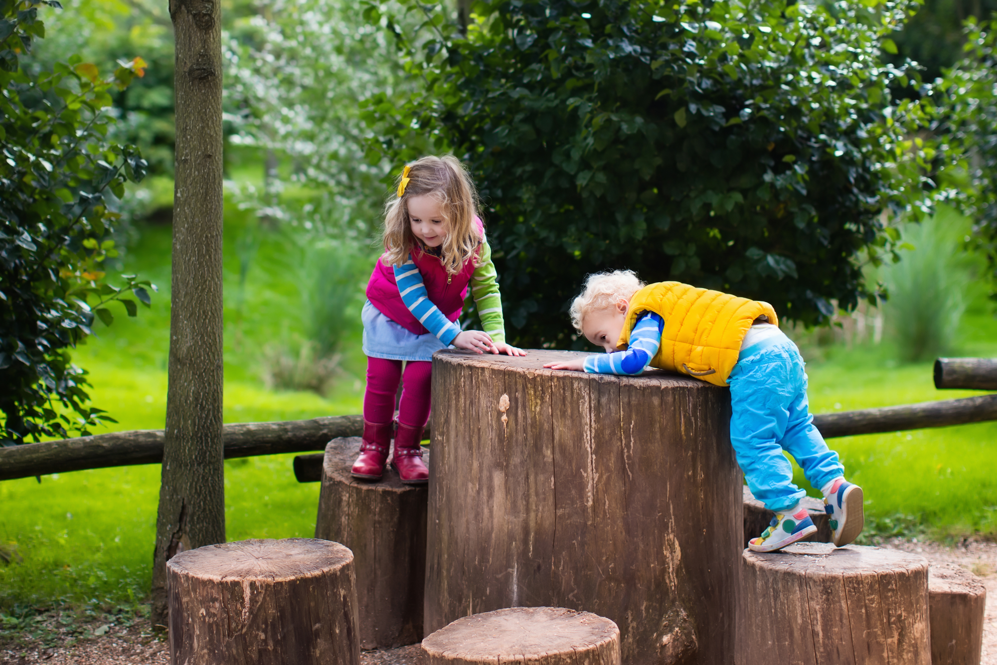 Children climbing on tree stumps outdoors developing balance and strength through nature play